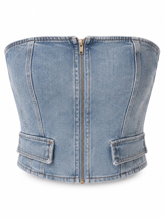 Camellia Tops - Light Wash Denim Strapless Corset Top